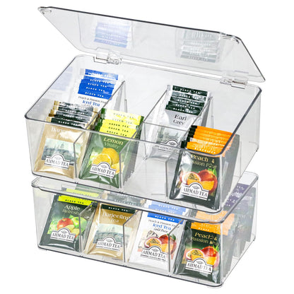 ZEXALOR Plastic Clear Storage Containers, Set of 2 Tea Bag Organizer Boxes 8 Compartments with Lids, Underwear Tie Drawer Organizer, Dresser Organizer (10.8×7×3.7")