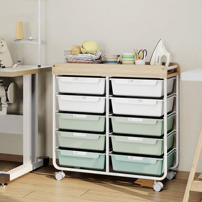 10 Drawers Rolling Cart with Wooden Tabletop, Utility Storage Cart with Wheels, Art Supply Craft Organizer on Wheel with Metal Frame & Handles for Home Office School,Green