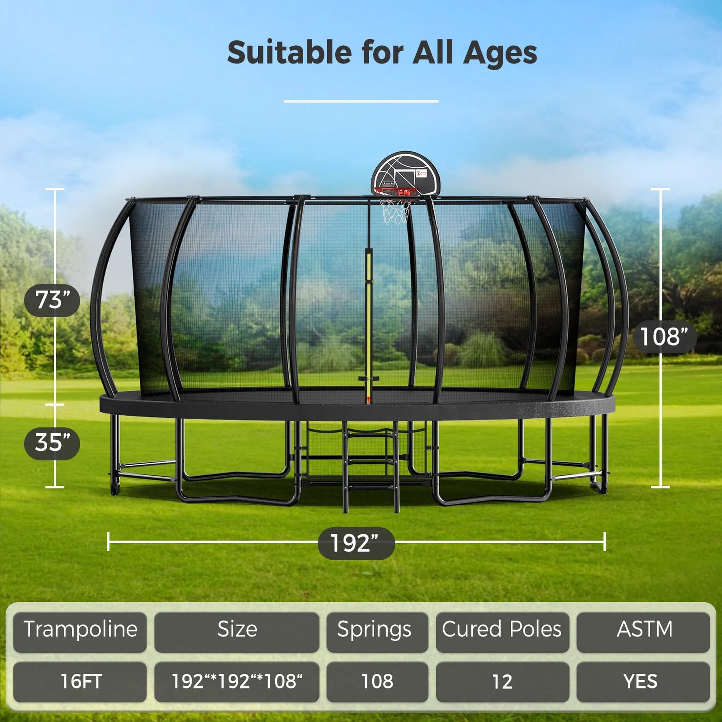 Tatub 16FT Upgrade Pumpkin Trampoline for Kids and Adults, Outdoor Recreational Trampolines with Basketball Hoop & Enclosure Net, Curved Poles & Storage Bag, Black