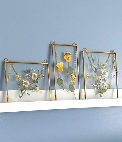 Double Glass Frame for Pressed Flowers, Leaf and Artwork - Set of 3 Hanging Picture Frames, 6x6, 6x8, 4x9 Floating Pressed Flower Frames, Square and Rectangular Wall Decor Photo Display, Clear Metal Glass Frames with Chain (Gold)