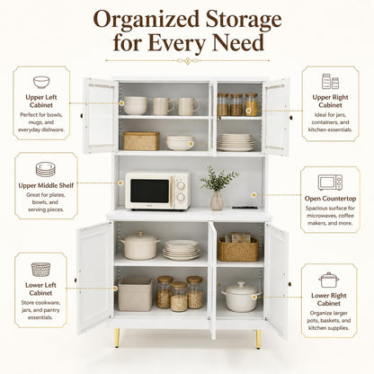 AUN Metal Pantry Cabinet with Charging Station - 68" Multi-Scene Storage Cabinet for Kitchen, Coffee Bar, Dining Room | Adjustable Shelves & Soft-Close Doors,White
