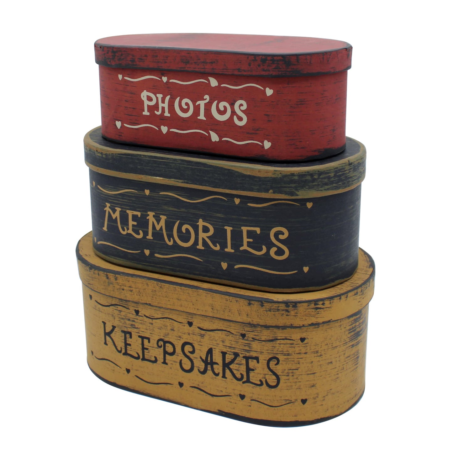 CVHOMEDECO. Primitives Antique Oval Photos, Memories, Keepsakes Cardboard Nesting Boxes, Large 9-3/4 x 5-1/2 x 4 Inch, Set of 3.