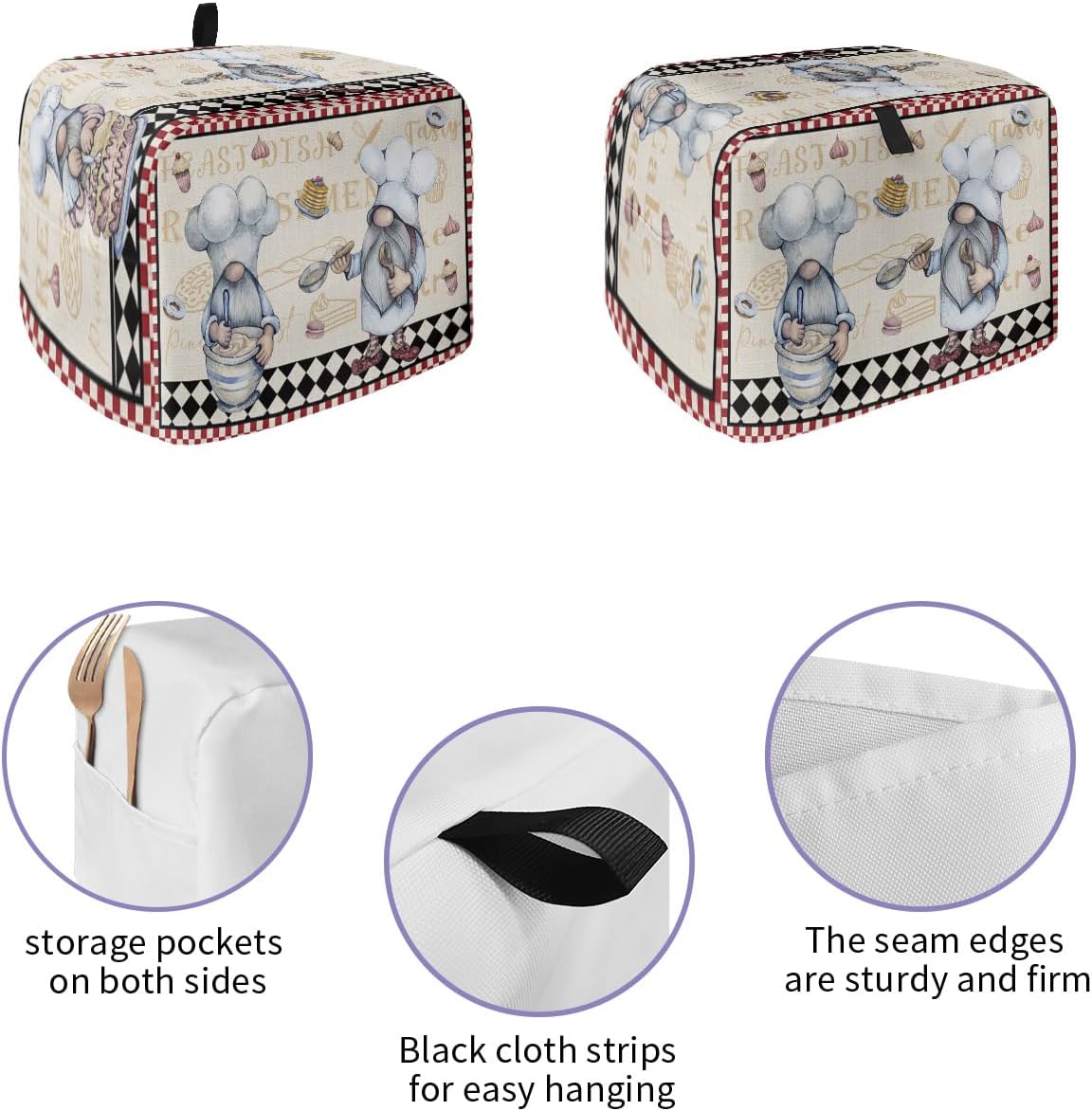 Kitchen Chef Gnomes Toaster Cover 2 Slice, Small Appliance Covers, Retro Red White Plaid Polyester Dust Protection