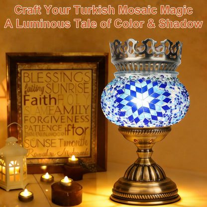 Longzhuo Turkish Mosaic Lamp Kit DIY Sachet Placement on Top Stained Glass Decorative Table Bedside Night Light Tabletop Bohemian Morrocan Lamp Crfat Kit for Living Room Decorations, Blue