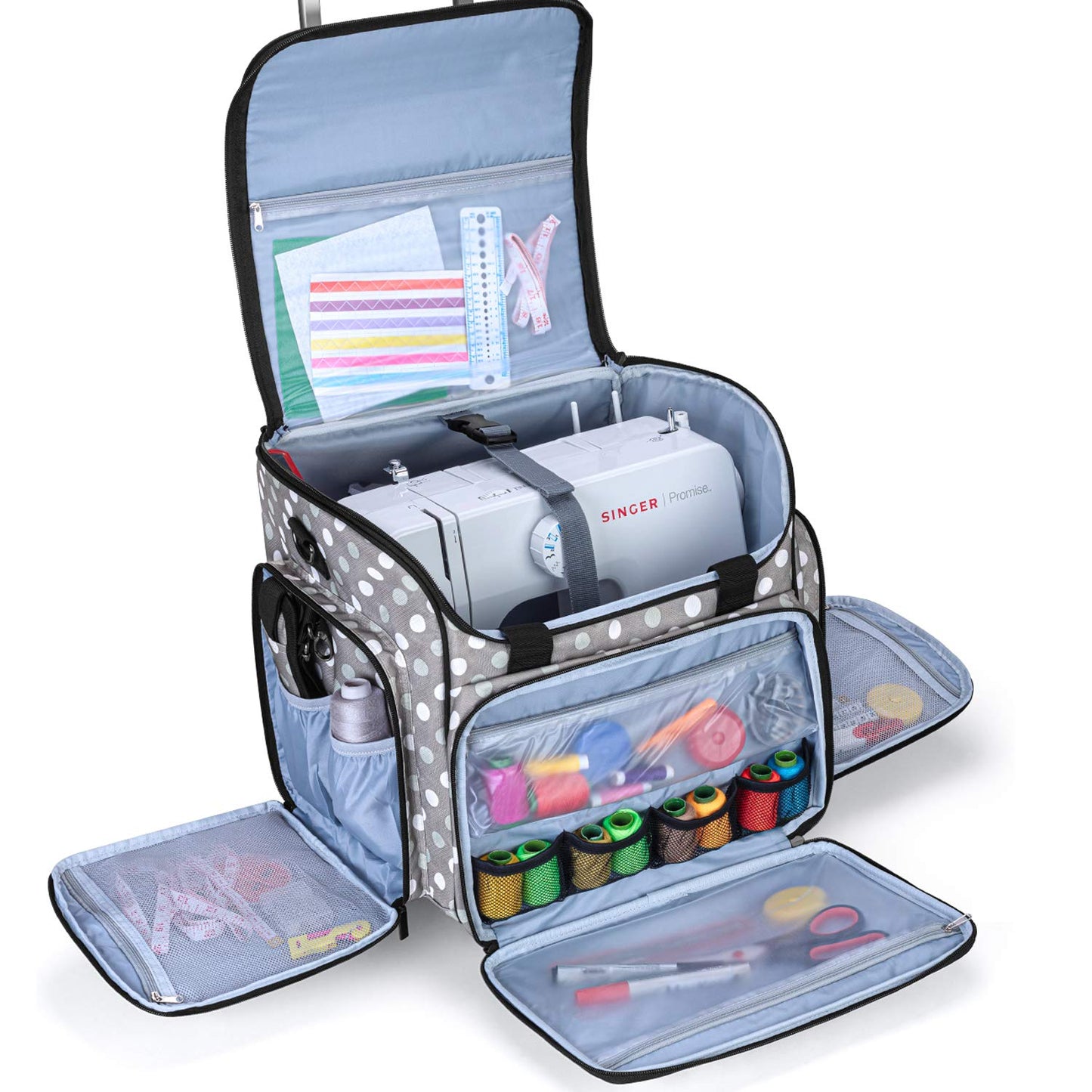 LUXJA Sewing Machine Case with Detachable Dolly, Sewing Machine Tote with Removable Bottom Pad (Patent Design), Gray Dots