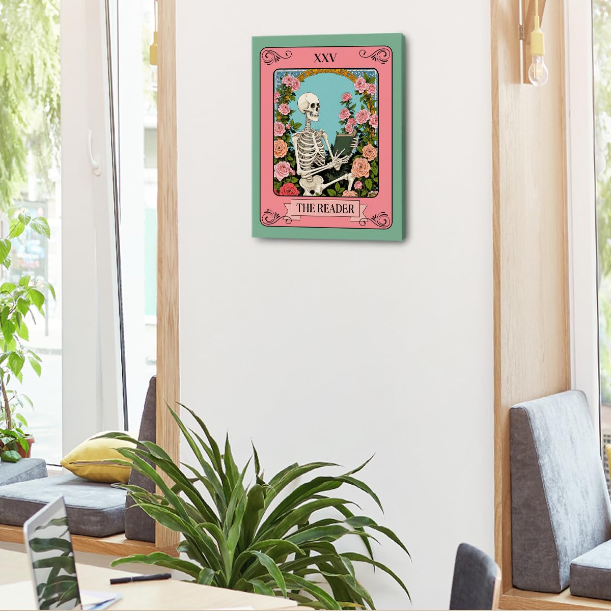 The Reader Tarot Card Wall Art, Funny Skeleton Wallpaper Artwork, Floral Framed Canvas Prints Whimsical Decor, Gothic Theme Prints for Living Room Entryway Bedroom Book Shelf 15x11.4 inch