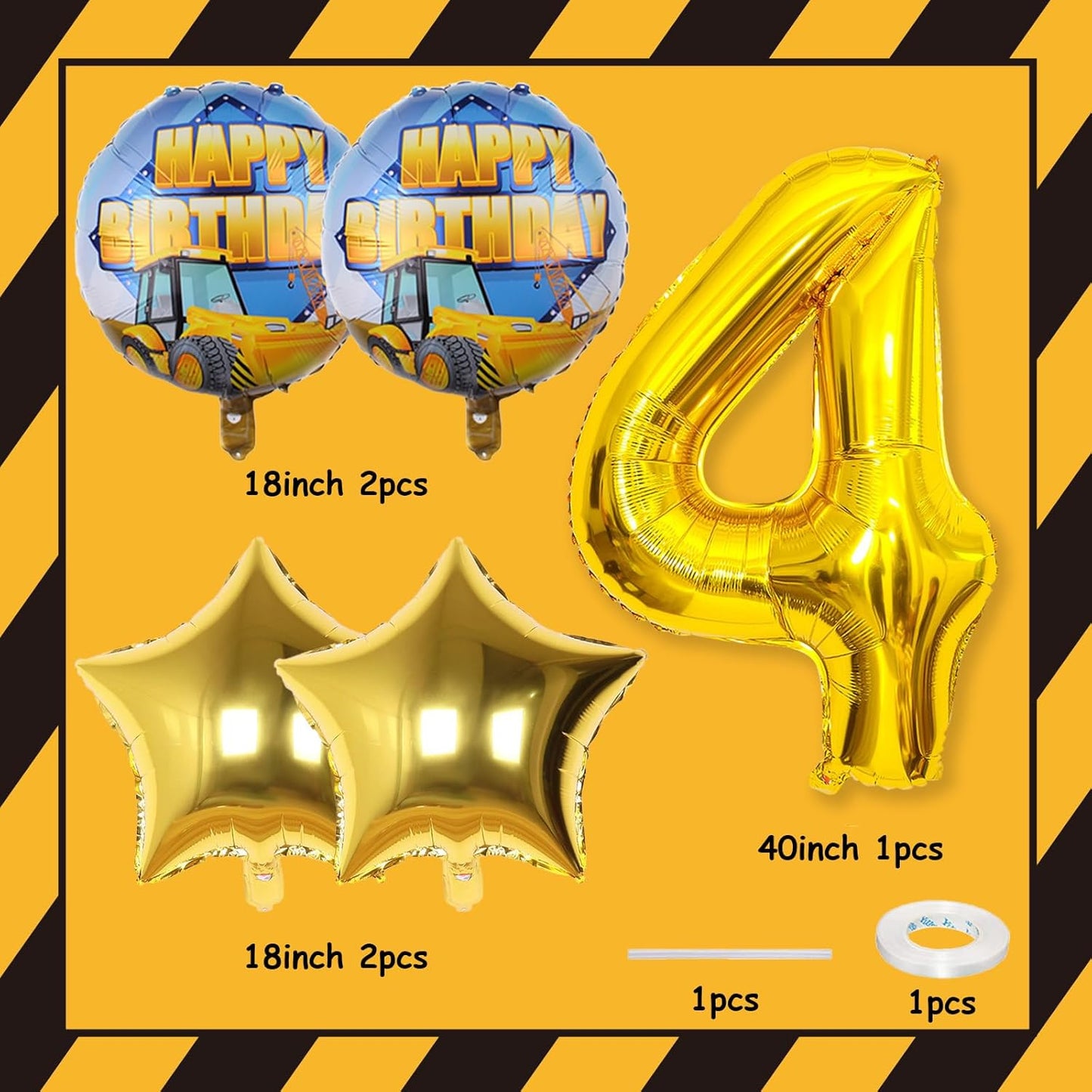 Teslite 4th 9Pcs 40 Inch 4 Bulldozer Set 4 Construction Balloons Birthday, Gold Number Balloons with Large Excavator