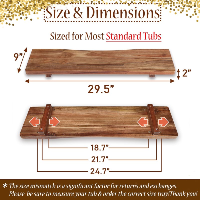 Premium Acacia Wood Bathtub Tray Caddy with Adjustable Legs, Minimalistic Design Bath Tray for Tub, Bathtub Accessories, Fit Standard and Against Wall Bath Tubs, Gift Idea for Women
