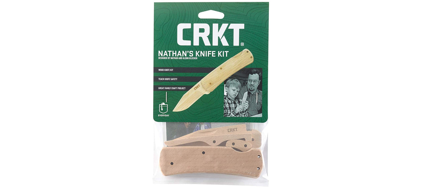 CRKT Nathan's Knife Kit: Wooden Pocket Knife, Drop Point Blade Design with Working Lock Back, Craft Project, Great for Kids 1032, Natural