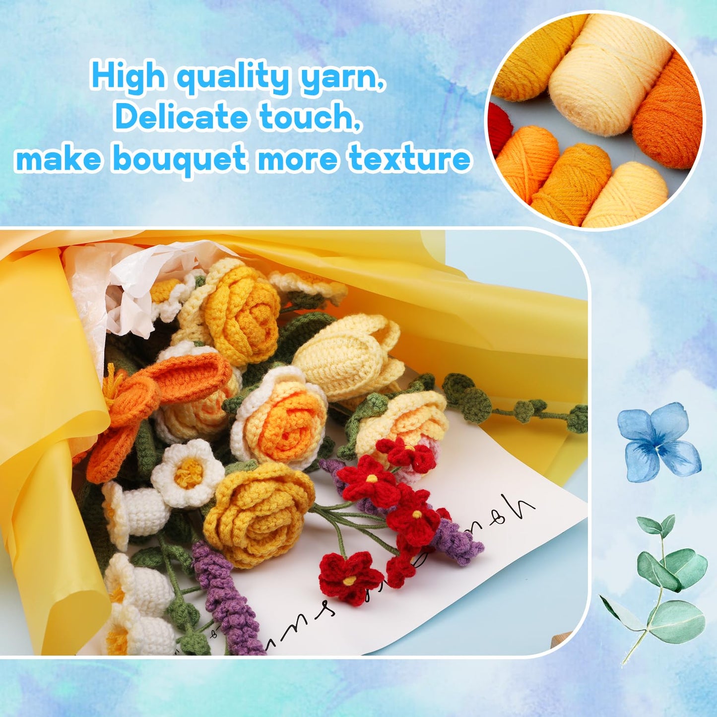 Iuuidu Crochet Kit for Beginners, Flower Bouquet Crochet Kit Rose, Knitting Starter Kit with Crochet Yarn and Step-by-Step Instructions for Birthday, Wedding Anniversary Day Present