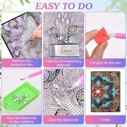 AUAUY 2Pack Boho Diamond Art Notebook, A5 Mandala Blank Notebook Craft Kits for Kids Age 6-8-9-10, Birthday Gifts for 5-12 Yrs Girls, 5D Diamond Art Painting Stationery Set Arts and Crafts