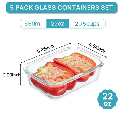 Vtopmart 5Pack 22oz Glass Storage Containers with Lids, Glass Meal Prep Food Container Sets with Snap Airtight Lid for Microwave, Oven, Freezer and Dishwasher, Grey