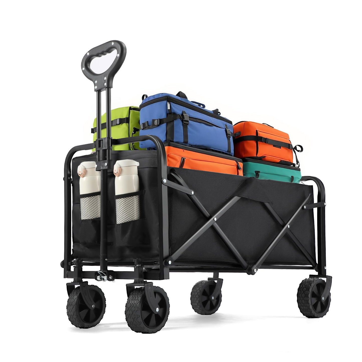 Collapsible Wagon 220 lbs, Heavy Duty Wagon Carts Foldable, Portable Wagons for Groceries, Beach Cart with All-Terrain Wheels & Drink Holders, Utility Wagon for Shopping, Sports, Camping, Black