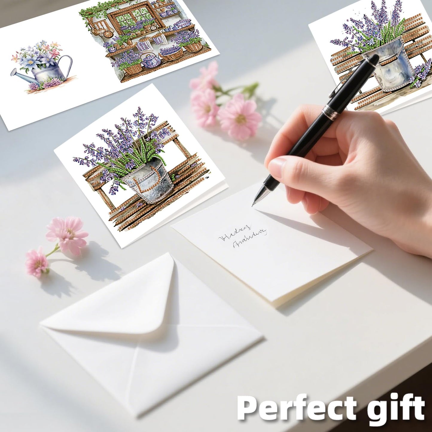 C'eitura 12Pcs Lavender Diamond Art Painting Greeting Card Kit with Envelopes, DIY Floral Christmas Birthday Thanksgiving Card Making Set, Calming Handmade Card Craft