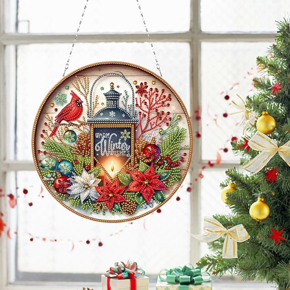 POETRYDRAW DIY Hanging Diamond Art Pendant Kit Christmas Cardinal Lamp, Special Crystal Diamonds Painting Ornament for Adults, 5D Diamond Art Suncatchers Double Sided Board Gem Painting Box Kit
