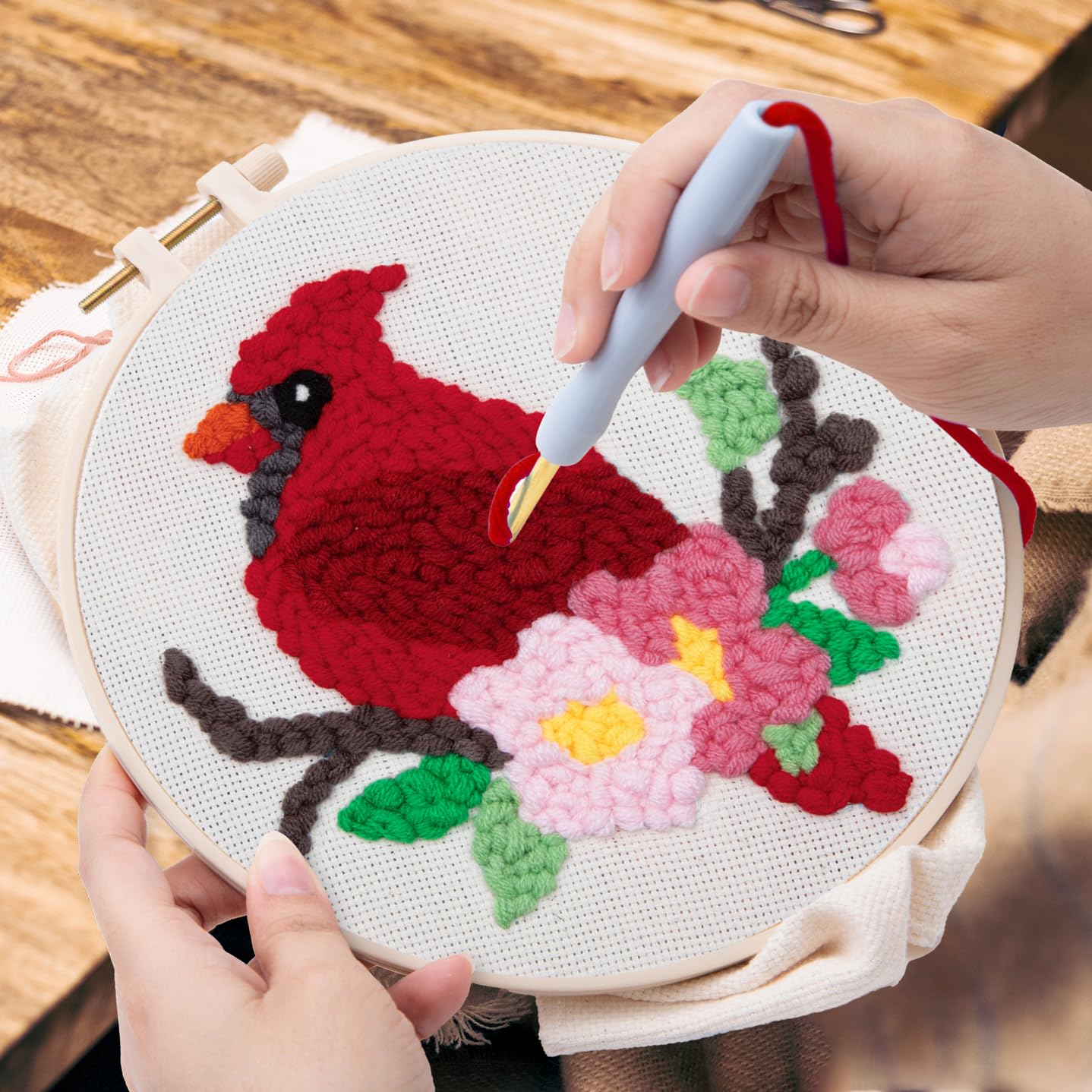 Louise Maelys Beginners Punch Needle Kits,for Starter Adults,Rug Cross Stitch Kit Tool Including Handle Embroidery Pen,Cloth,Hoop,Threads and Instruction-Cardinal Bird Pattern