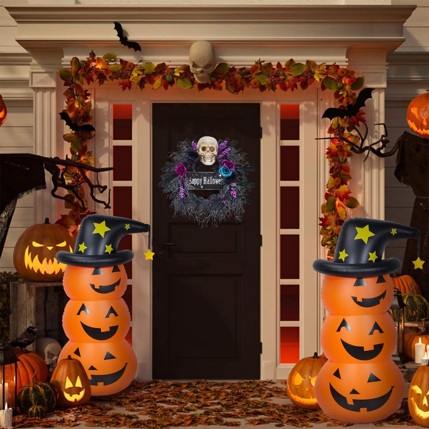 22 in Halloween Wreath for Front Door, Halloween Skull Wreath with Lights, Spooky Halloween Wreaths with Black, Blue, Purple Flowers, Indoor/Covered Outdoor Halloween Props Decoration
