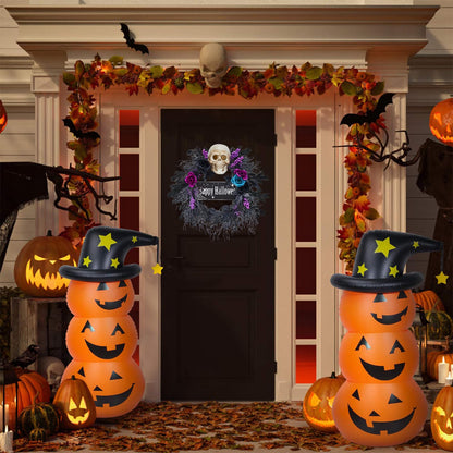 22 in Halloween Wreath for Front Door, Halloween Skull Wreath with Lights, Spooky Halloween Wreaths with Black, Blue, Purple Flowers, Indoor/Covered Outdoor Halloween Props Decoration