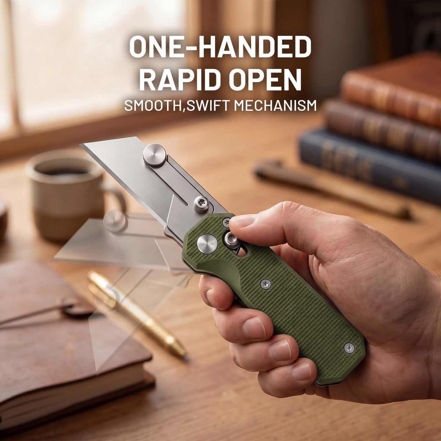 Folding Utility Knife for Men Women,Quick Change Box Cutter with 10Pcs SK5 Replaceable Blades,EDC Razor Knife for Cartons,Cardboard,Boxes,Christmas Stocking Stuffers Gifts for Men Husband Women (Green)