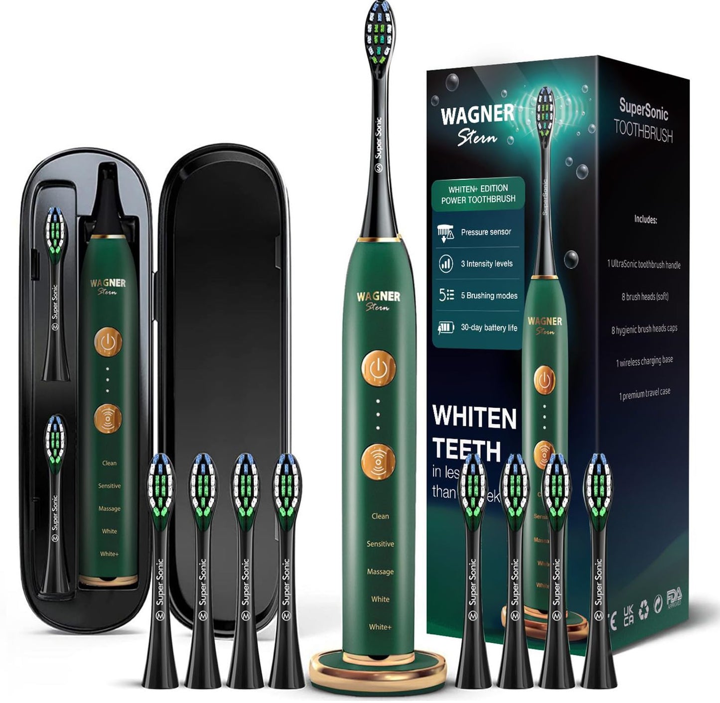 Wagner & Stern WHITEN+ Edition. Whitening electric toothbrush with pressure sensor. Offers 5 brushing modes, 3 intensities, 8 soft brush heads, and a luxury travel case. (Green)