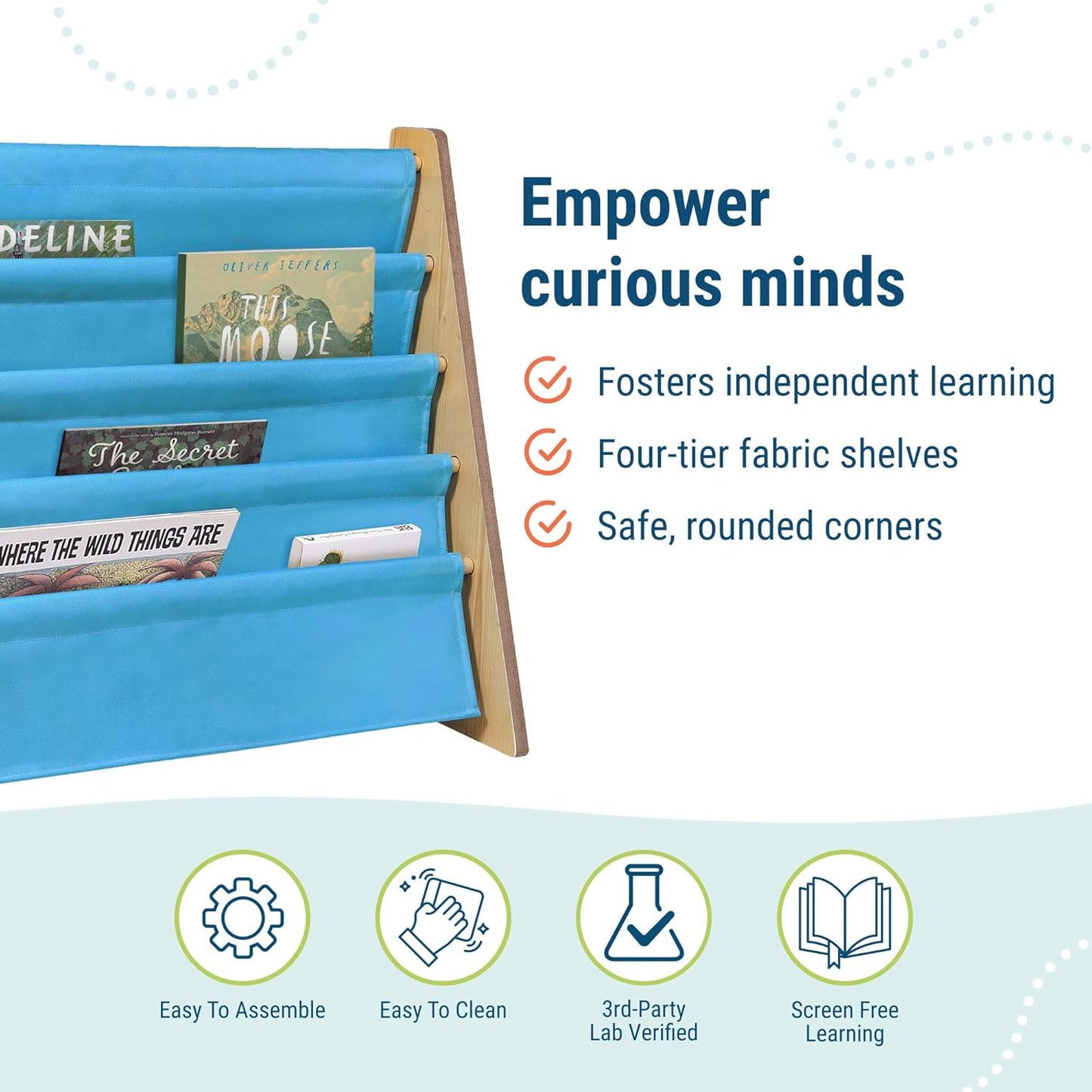4 Wildkin Wooden Sling Bookshelf for Kids Premium Canvas Design with Fabric Shelves, Organizer for Home or Classroom