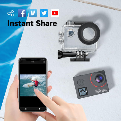 AKASO V50 Elite 4K60fps Action Camera with 128GB MicroSDXC U3 Memory Card Accessories Kit Bundle Voice Control EIS 131 feet Waterproof Camera 8X Zoom Remote Control