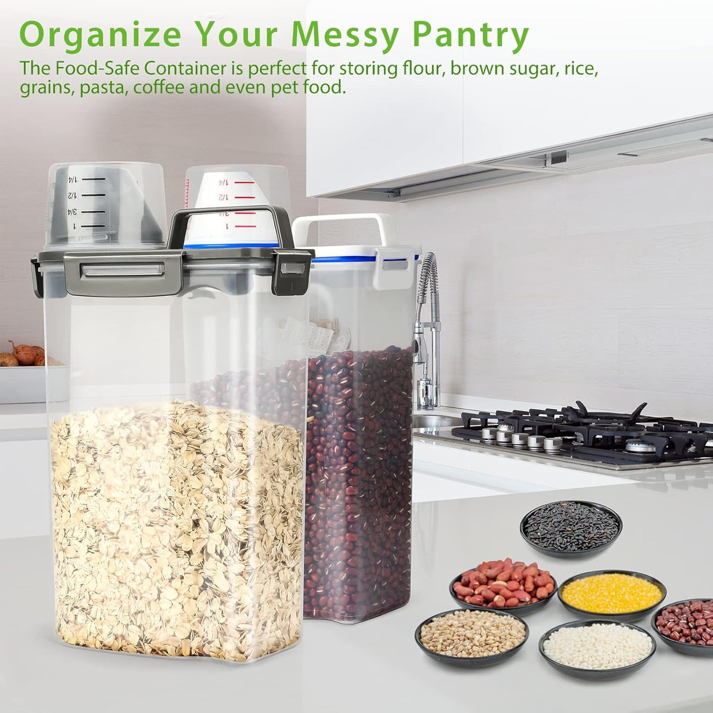 Rice Airtight Storage Container, 3 to 5Lbs Cereal Bin, Pet Food Dispenser with Measuring Cup, BPA Free Clear Plastic