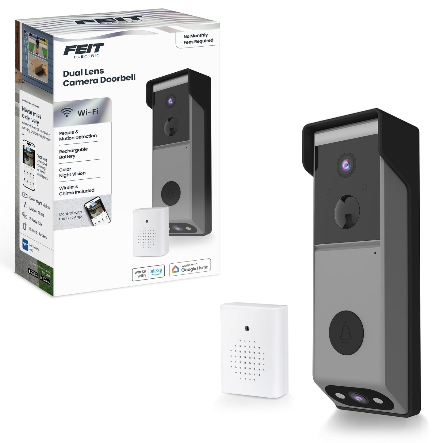 Feit Electric Doorbell Camera, 2.4 GHz WiFi, No Hub, Two-Way Audio, Motion Detection, Night Vision, 1080p HD, Micro SD Card Storage, Wireless Chime Included, Hardwired, CAM/Door/WiFi