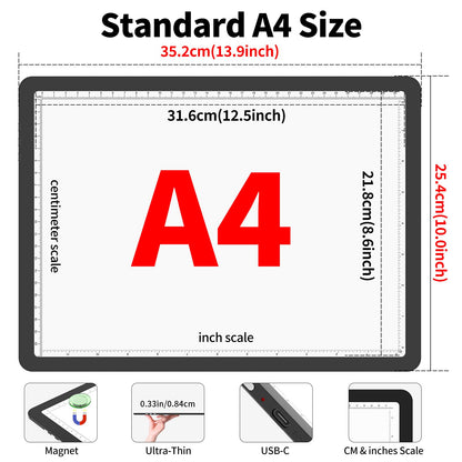Phylosal Magnetic A4 Light Pad, Super Bright Light Box with Side Button, Diamond Art Light Board, Lightbox for Tracing and Drawing, USB Power Artcraft Light Table for Sketching, Weeding Vinyl (Black)