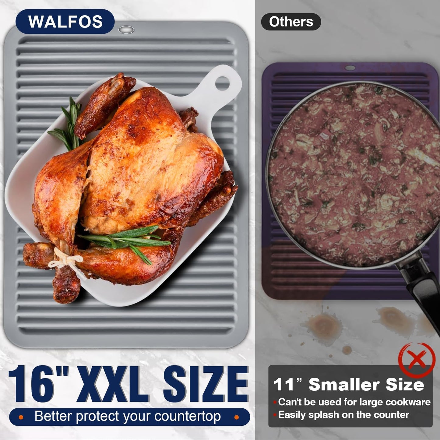 Walfos Large Silicone Trivet, 16x12 Inch, Heat Resistant Pot Holders for Hot Dishes, Gray, 2 Pack