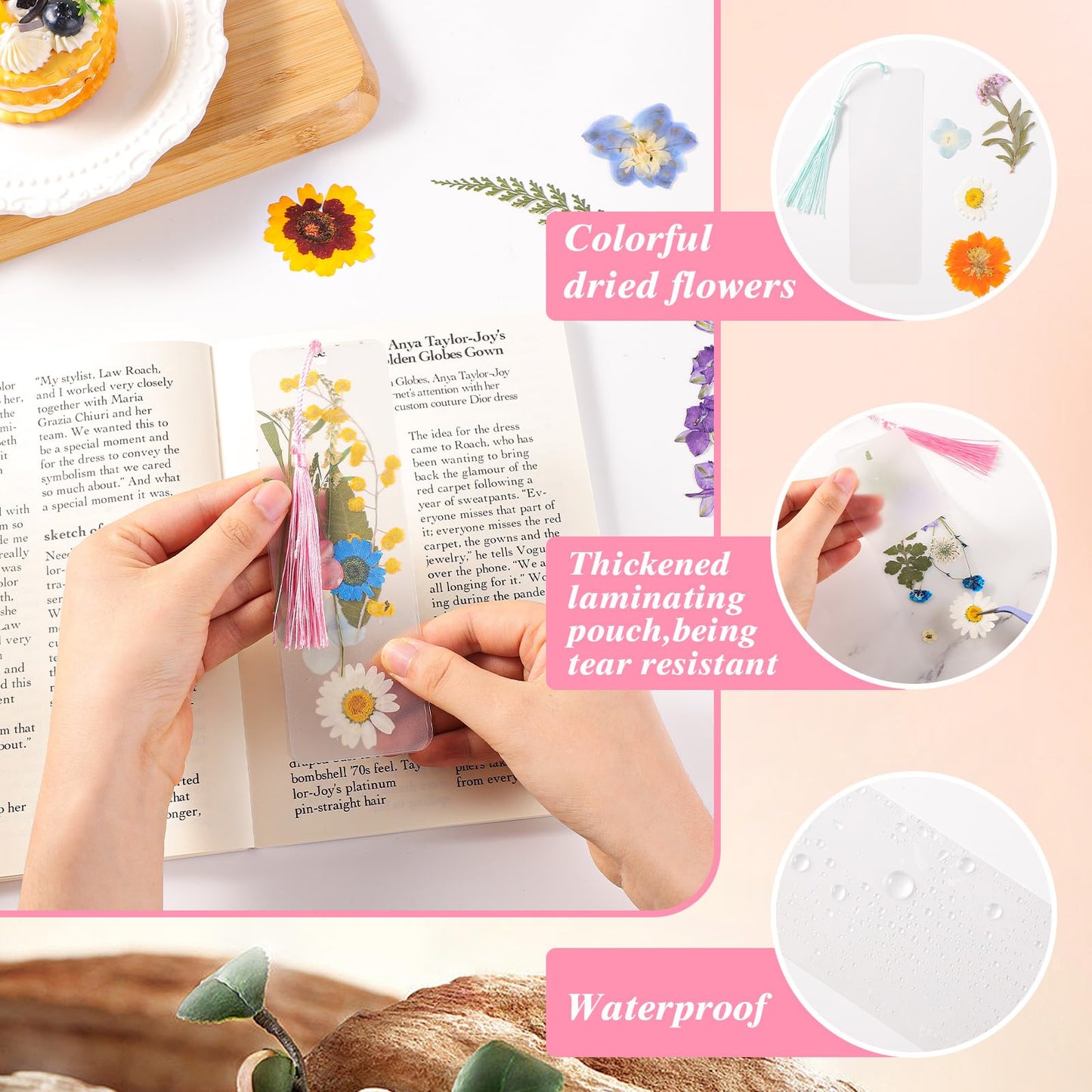 WSICSE 326Pcs Pressed Flower Bookmark Making Kit, Includes 125 Dried Flowers, 100Pcs 12 Mils Bookmarks Laminating Pouches, 100 Tassle and 1 Puncher, DIY Bookmark Kit for Book Lovers(1.96 x 5.9'')