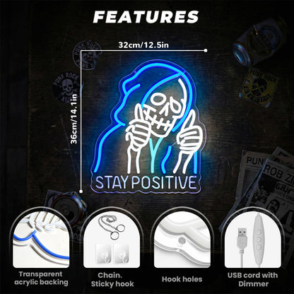 STAY POSITIVE Neon Sign Wall Decor, Motivational Skeleton‌ Lights up, Inspirational LED Sign Halloween Party Decorations for Man Beer Bar Man Cave Pub Garage Workshop