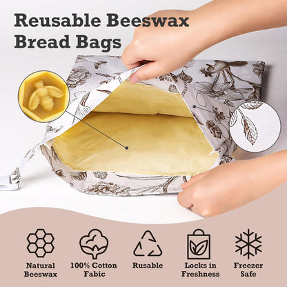Yolysudo 2 Pack 17''x 13" Reusable Vintage Floral Beeswax Bread Bag for Sourdough, Large Beeswax Lined Cotton Homemade
