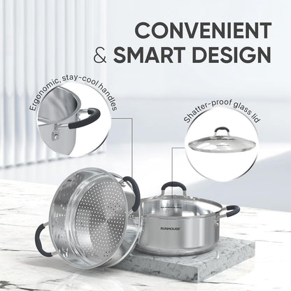 SUNHOUSE - 4.6 Quart Steamer Pots with Lid 2-Tier Multipurpose Stainless Steel Steaming Pot Cookware with Handle for Vegetable, Dumpling, Sauce, Food - Triple Bottom, Measurement Line