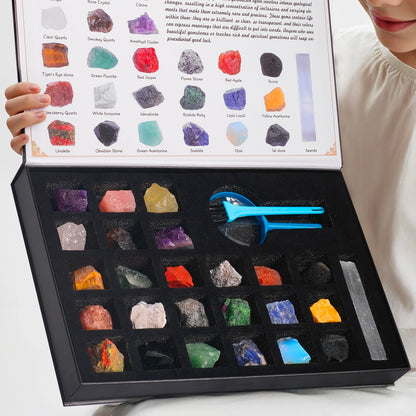 HEMYLU Rock Collection for Kids, 25PCS Crystal Gem Mineral Collection Set Box Gift for Boys and Girls, Natural Gemstone with Learning Guide Education Set