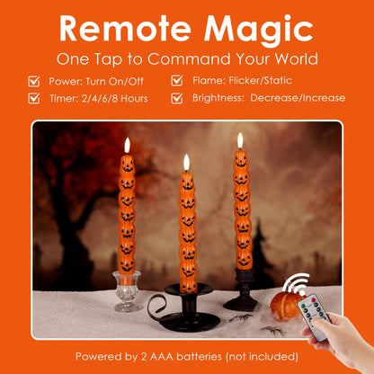 Girimax Orange Pumpkin Halloween Flameless Taper Candles with Remote, Flickering Spooky LED Wax Candlesticks Battery Operated, Set of 2
