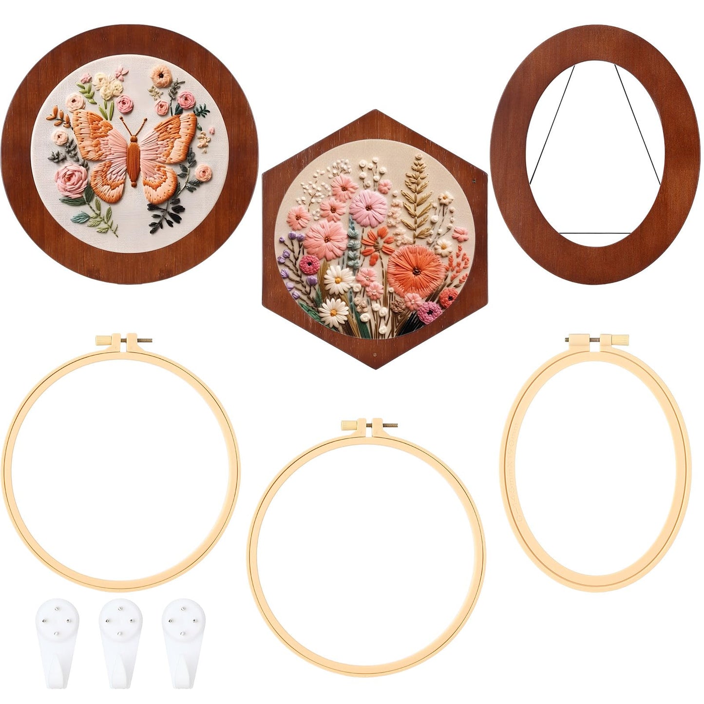 Vercraft 3 Set Embroidery Hoop Frame 8 Inch Decorative Wood Embroidery Frame with 8 Inch Cross Stitch Hoop for Display Finished DIY Art Craft Hanging Sewing Ornaments, Round, Hexagon, Oval