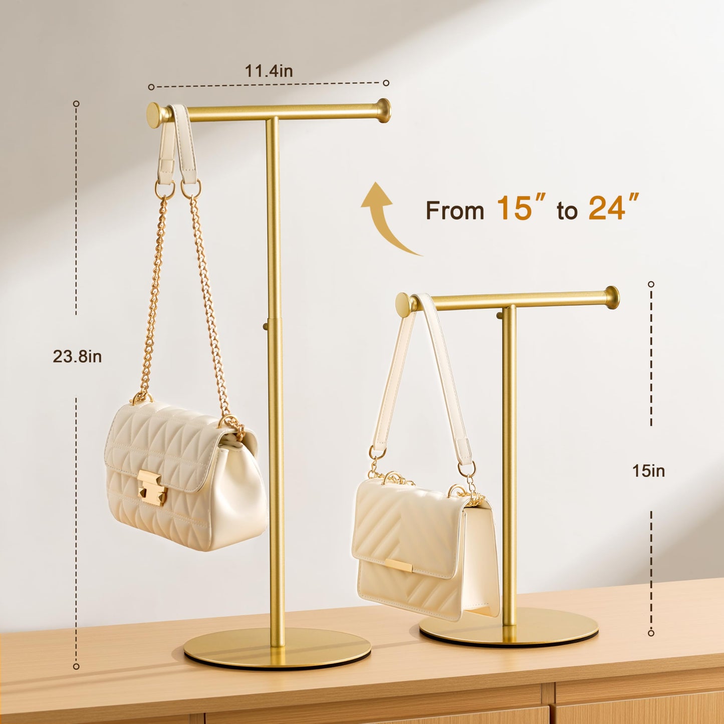 niffgaff 2 Pack 15‘’-24‘’ T Bar Purse Display Stand Tabletop: Adjustable Height Handbag Holder, Countertop Hanging Rack for Long Necklace Scarf Lanyard, Gold