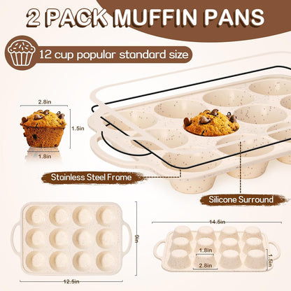 Silicone Muffin Pan, 12 Cups Baking Mold with Reinforced Stainless Steel Frame, Non-stick Bakeware