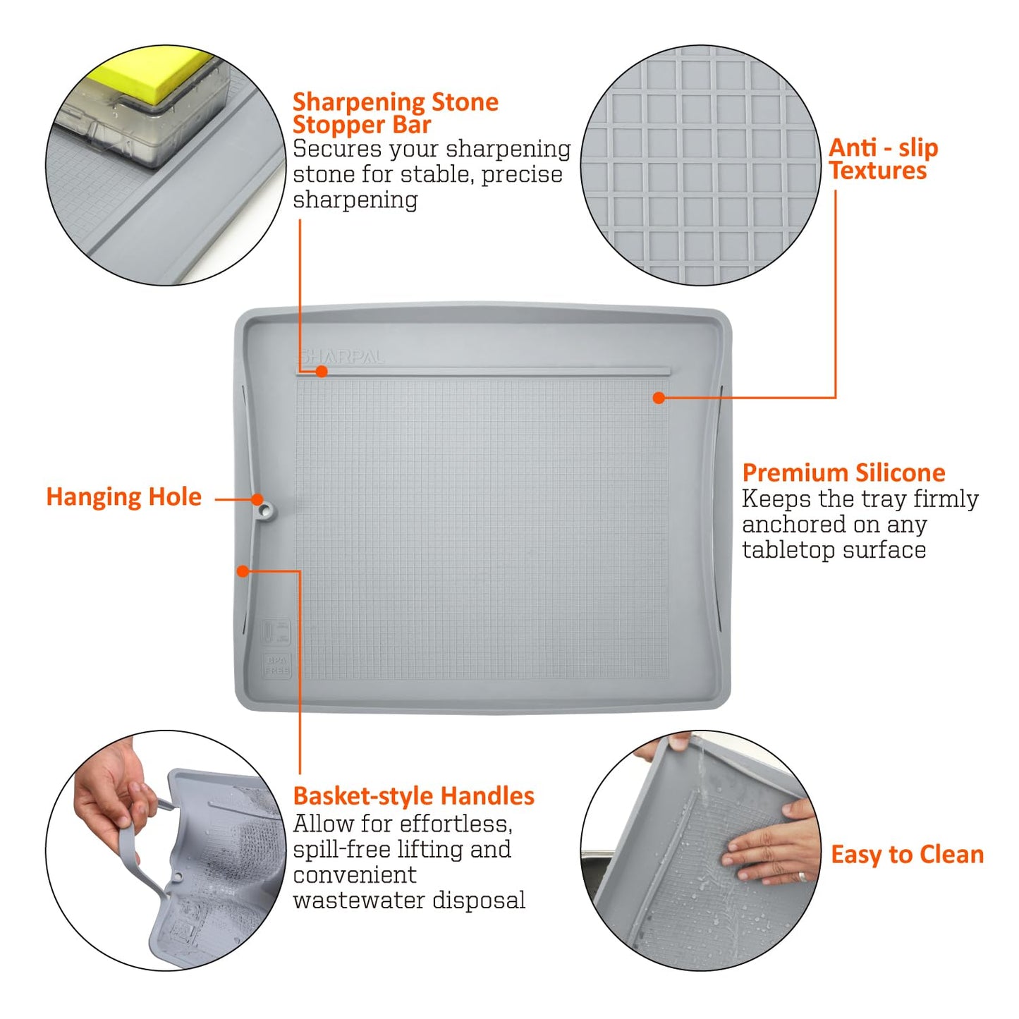 SHARPAL 149H Sharpen-No-Mess Silicone Sharpening Stone & Whetstone Tray, Knife Sharpener Mat with Anti-Slip Textures, Stopper Bar & Basket-Style Handles, 0.21 gal (800 mL) Water Storage, Easy to Clean