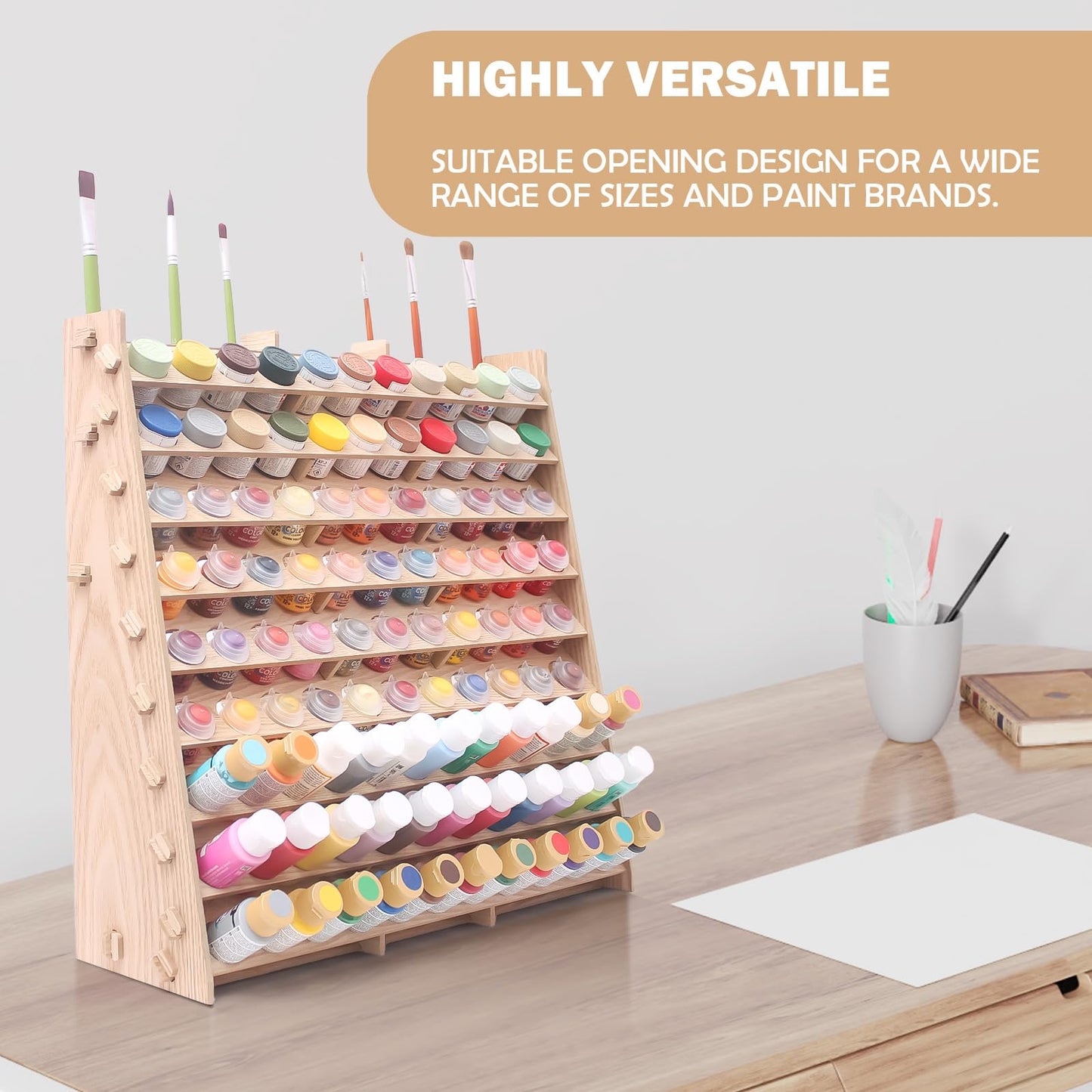 ARFETIGO Extra Large Wooden 9-Tiers 99 Bottles' Capacity Wooden Paint Organizer & Paint Brush Rack for Acrylic OIL Craft Hobby Mini Model Painting Organizer for Artists (Vertical)