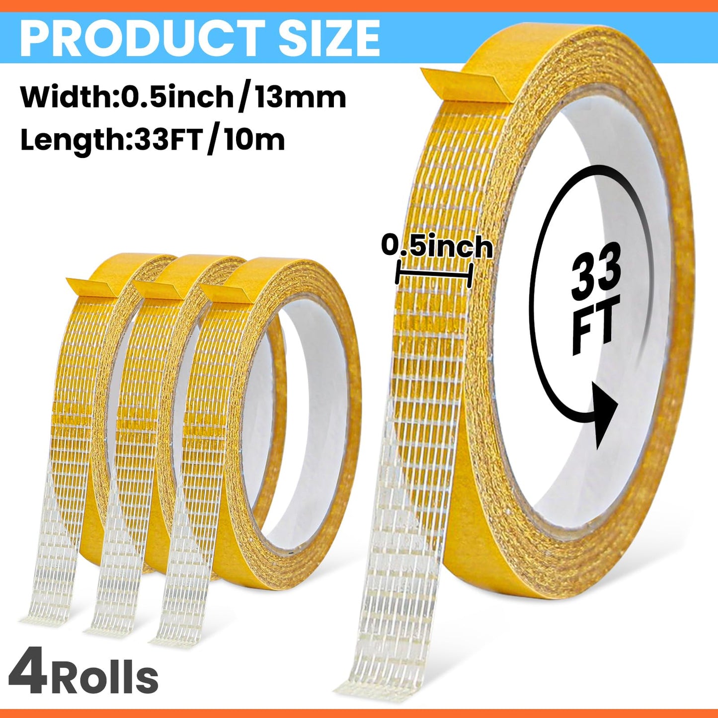 Double Sided Fabric Tape Heavy Duty for Hem, Fashion Dress, Cloth, Curtains, No Sewing or Ironing need, High Adhesive Sticky but Removable and Residue free, Multipurpose, 0.5 in x 33FT/10m x 4Rolls
