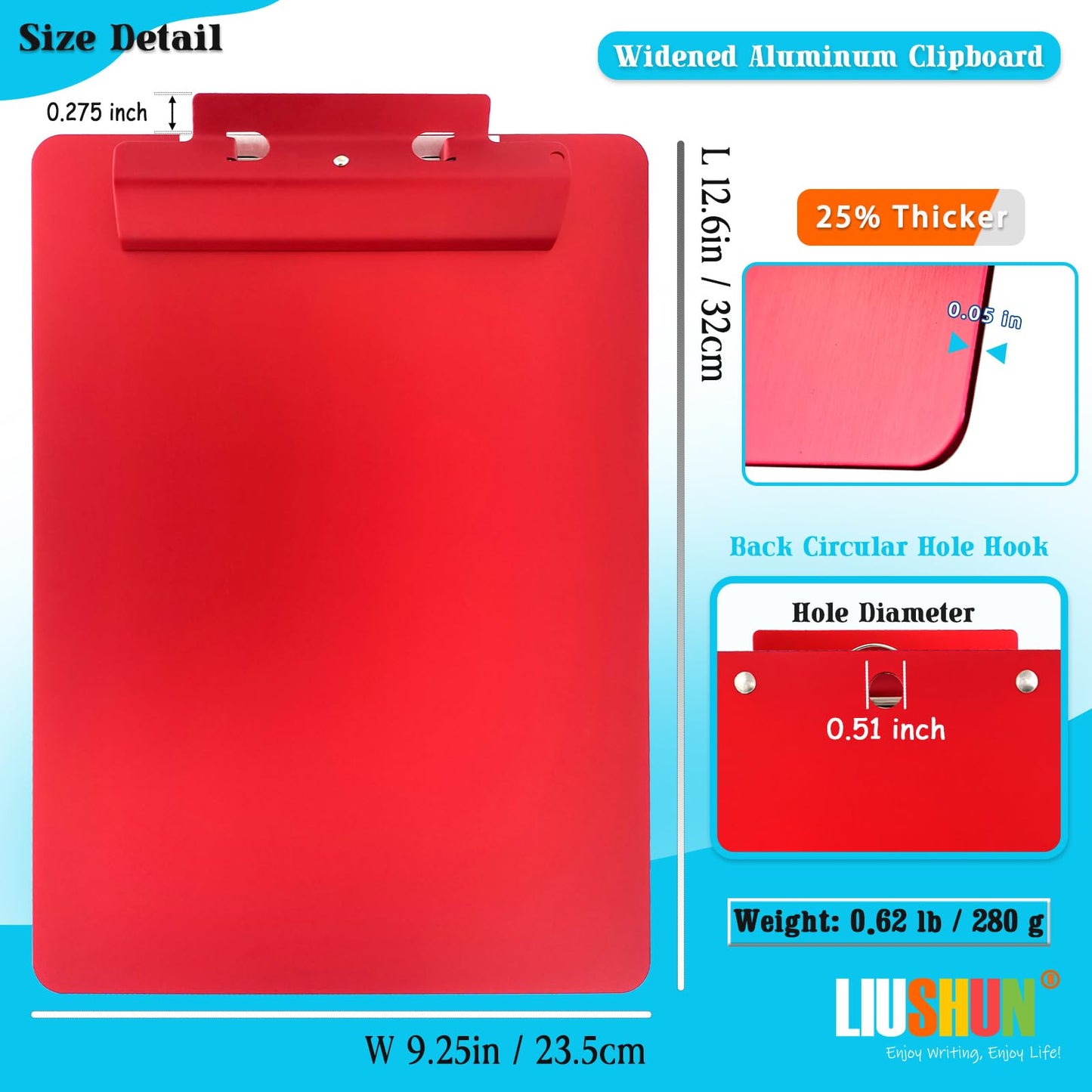 Aluminum Metal Clipboard Flat Heavy Duty Hangable Spring Clip Board with Pen Chain Hole Letter Size A4 9.25" x 12.6" for School Office Business Medical Professionals Workshop Factory (Red, A4)