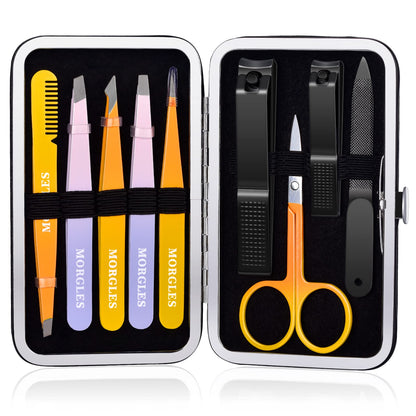 MORGLES Tweezers Set and Nail Clippers, 9 Pcs Stainless Steel Tweezers Kit for Men Professional Manicure Set for Men Grooming Kit with Leather Travel Case