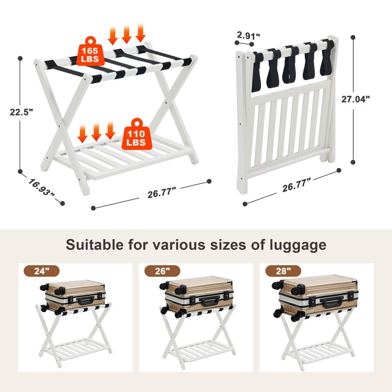 oakvivo Fully Assembled Luggage Racks Pack of 2, Upgraded Bamboo Foldable Suitcase Stand with 5 Nylon Straps, 26.77" Thickened Luggage Stand Holder with Shelf for Guest Room Bedroom Hotel, White