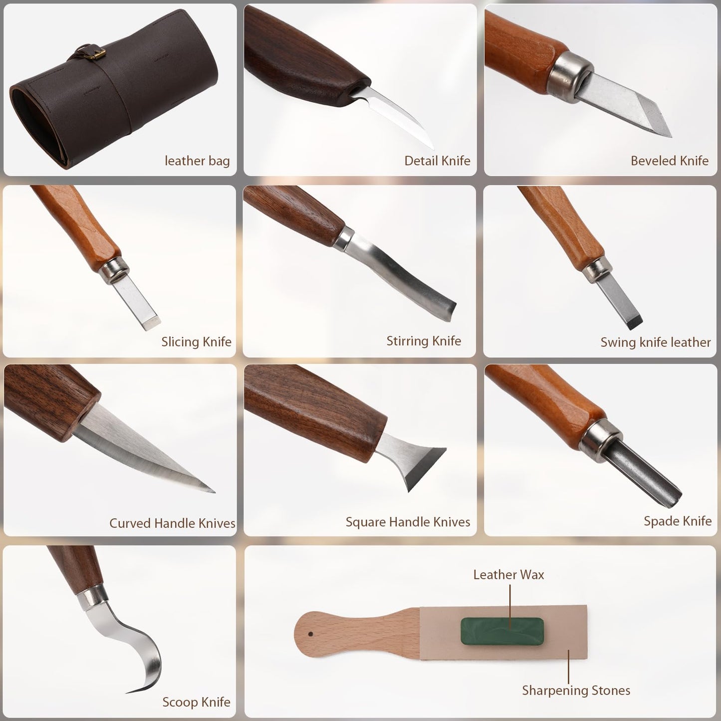 15PCS Wood Carving Kit, Wood Carving Tools Wood Whittling Kit Walnut Handle Wood Scraper with Polishing and Sharpening Stone for Beginner Adults Wood Carving DIY