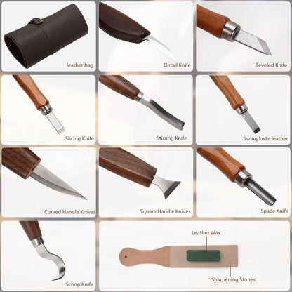 15PCS Wood Carving Kit, Wood Carving Tools Wood Whittling Kit Walnut Handle Wood Scraper with Polishing and Sharpening Stone for Beginner Adults Wood Carving DIY
