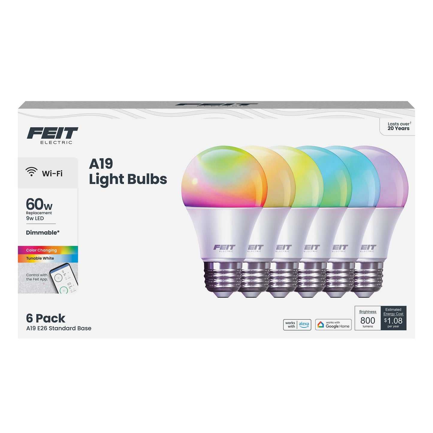 Feit Electric Smart Light Bulbs with RGB Color Changing and Tunable White, 2.4Ghz WiFi Light Bulbs, No Hub Needed, Works with Alexa and Google, Dimmable 60 Watt = LED 9W, OM60/RGBW/CA/AG/3, 3 Pack