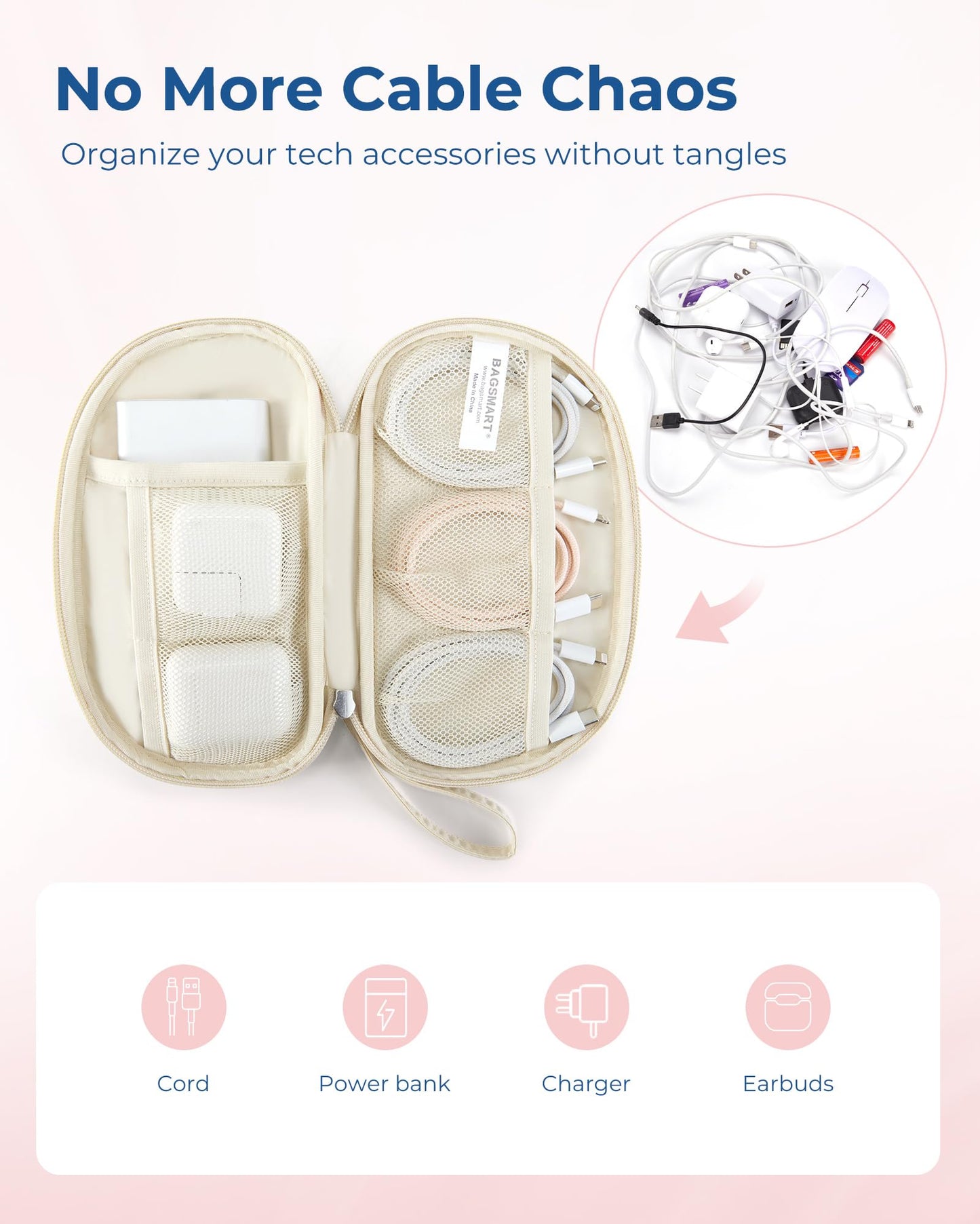 BAGSMART Cord Organizer Travel Cable Bag, Compact Tech Electronic Organizer Travel Case, Essentials for Charger, Cable, Phone, Flash drive - Beige