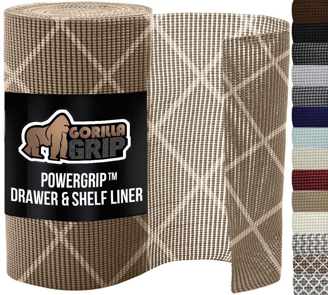 GORILLA GRIP powerGRIP Drawer Shelf and Cabinet Liner, Thick Strong Hold, Non-Adhesive Liners Protect Kitchen Cabinets and Cupboard, Bathroom Drawers, Easy Install, Breathable Mat, 12" x10', Beige